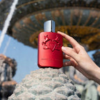 Lifestyle Image: Kalan 125 ml Eau de Parfum by Parfums de Marly – captured in a bold, moody setting evoking passion, confidence, and timeless sophistication.