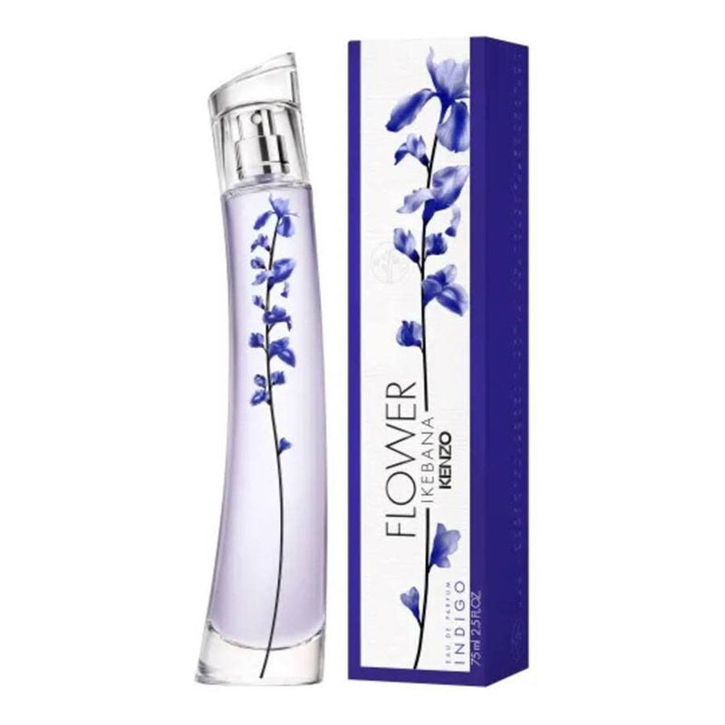 Kenzo Flower Ikebana Indigo 75ml Eau de Parfum bottle beside its white and deep indigo presentation box with blue floral artwork and clear Flower Ikebana Indigo branding on a clean white background