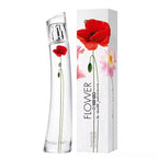 Kenzo Flower La Récolte Parisienne 75ml Eau de Parfum presentation box featuring dahlia and poppy artwork beside the matching slender glass bottle on a clean white background