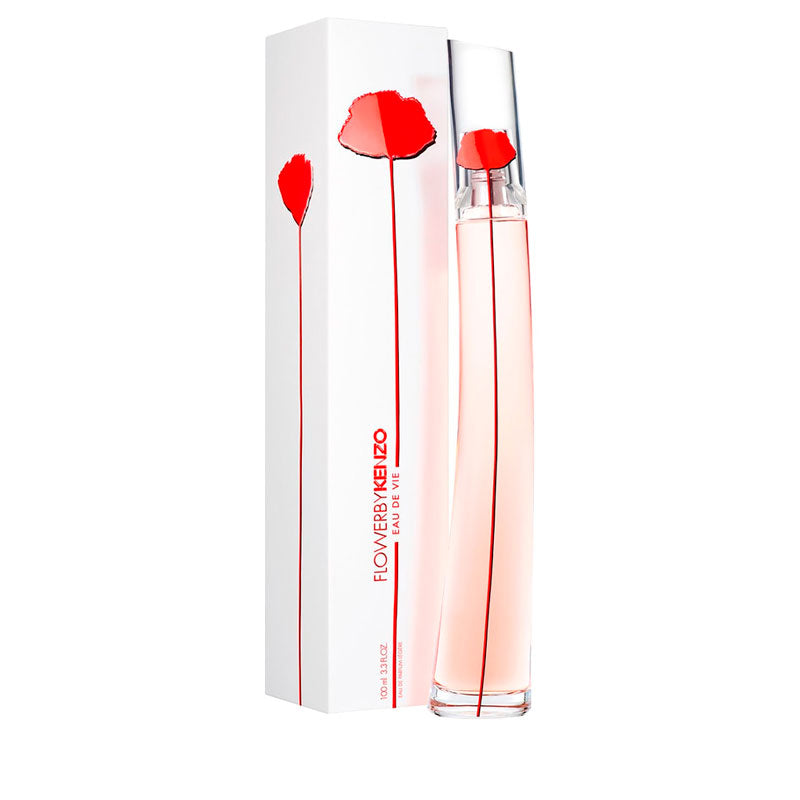 Perfume bottle and packaging with red poppy design on a white background