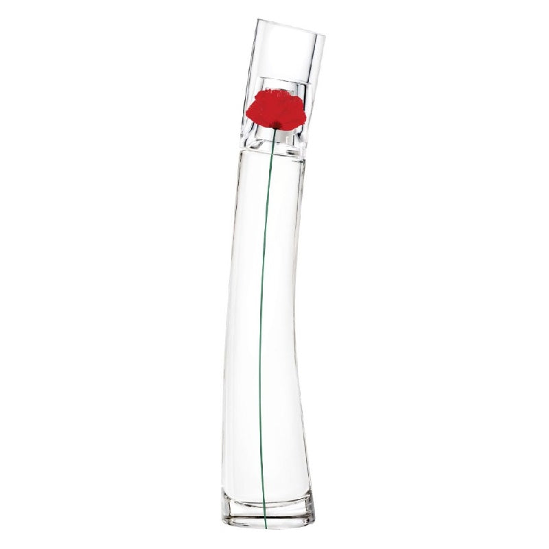 Clear glass bottle with a red flower on a white background