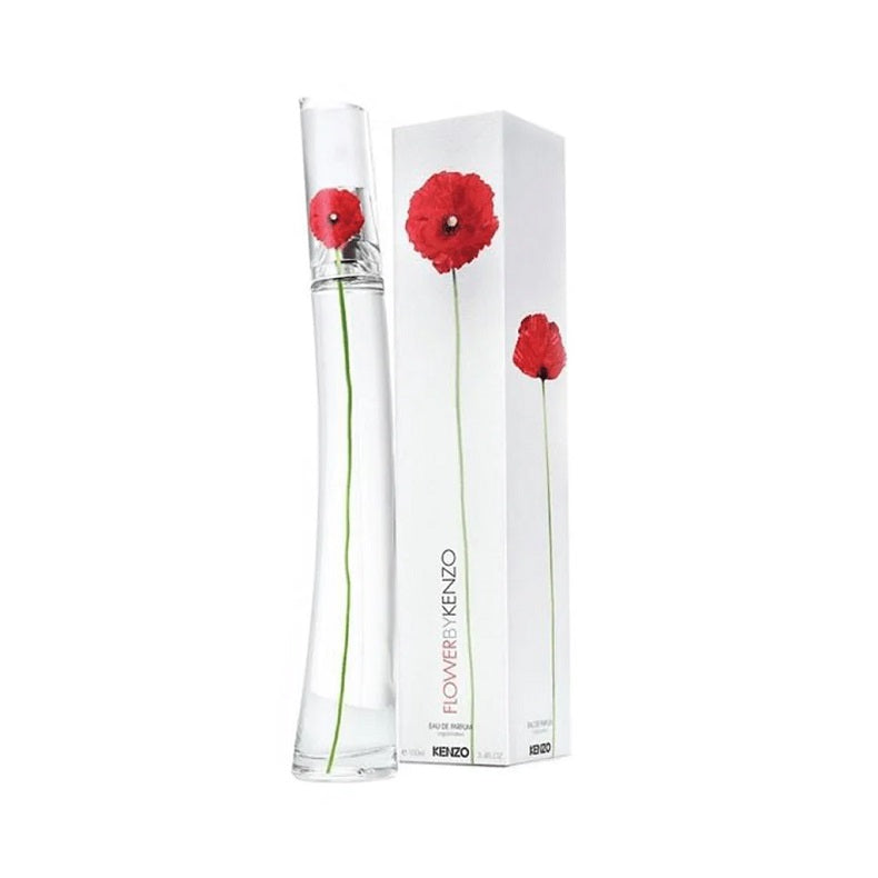 A bottle of Kenzo Flower Eau de Parfum with a white box, both featuring red flowers and the brand's name.