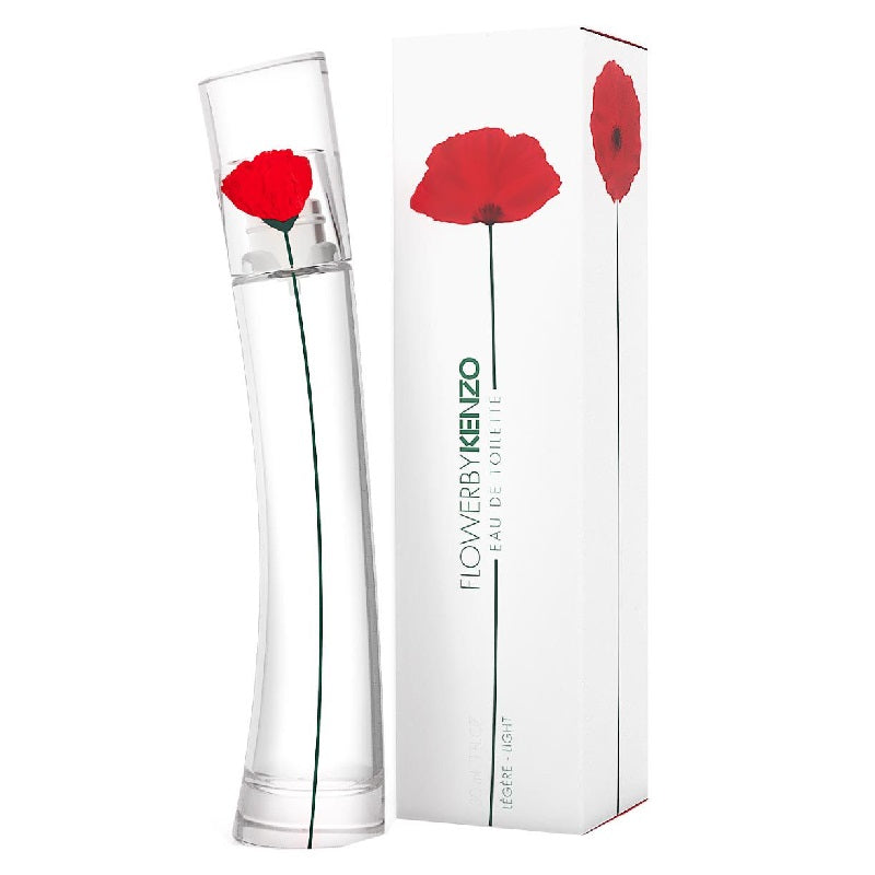 Kenzo Flower by Kenzo perfume bottle and packaging with red flower design on a white background