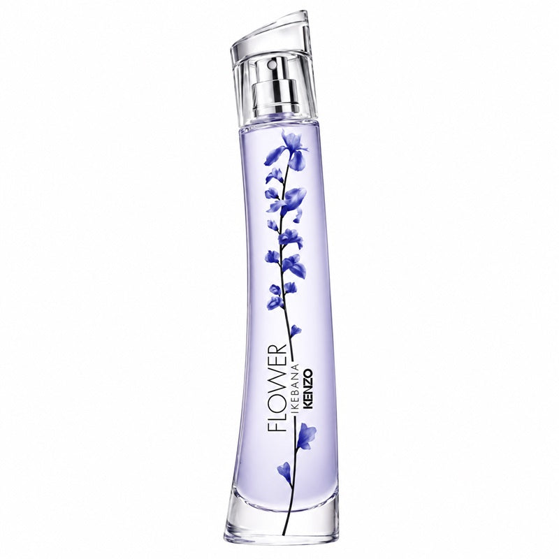 Kenzo Flower Ikebana Indigo 75ml Eau de Parfum tall curved glass bottle with pale indigo fragrance, silver sculptural cap and delicate blue floral stem on a clean white background
