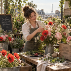 A woman gathering and arranging seasonal flowers at a small urban flower farm on the edge of Paris, surrounded by natural greenery and morning light, expressing creativity, optimism and thoughtful everyday elegance.