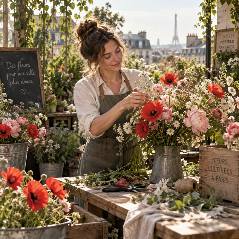 A woman gathering and arranging seasonal flowers at a small urban flower farm on the edge of Paris, surrounded by natural greenery and morning light, expressing creativity, optimism and thoughtful everyday elegance.