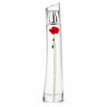 A clear glass perfume bottle with a silver spray mechanism and a single red poppy flower with a green stem printed or embedded on the front, set against a plain white background.