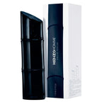 Kenzo Homme Eau de Parfum bottle in a glossy black bamboo-inspired shape next to its white and dark blue packaging box.