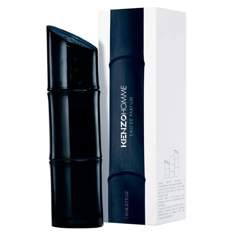 Kenzo Homme Eau de Parfum bottle in a glossy black bamboo-inspired shape next to its white and dark blue packaging box.