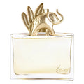 Perfume bottle with gold cap and clear glass body on a white background
