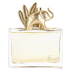 Perfume bottle with gold cap and clear glass body on a white background