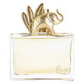 Perfume bottle with gold cap and clear glass body on a white background