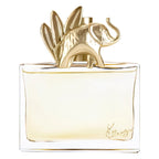 Perfume bottle with gold cap and clear glass body on a white background