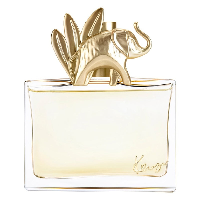 Perfume bottle with gold cap and clear glass body on a white background