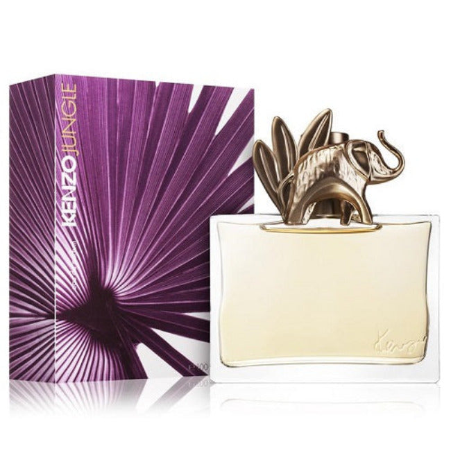 A bottle of Kenzo Jungle L'Elephant eau de parfum with a purple and white box in the background, featuring a metallic elephant decoration on the cap.