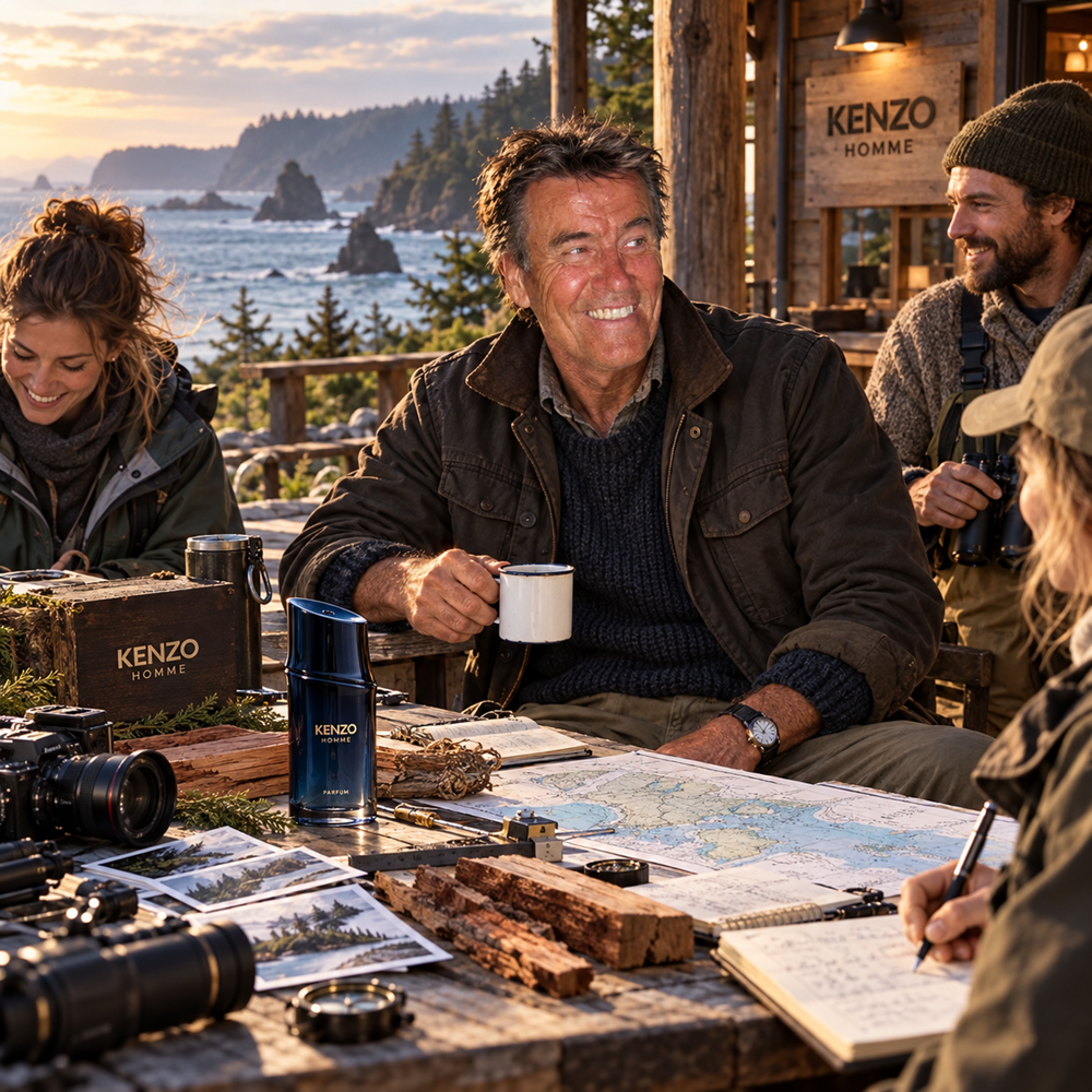 Kenzo Homme Eau de Parfum bottle on a rustic wooden table with maps, cameras, photographs and notebooks, as a group gathers outside a coastal cabin overlooking a rocky shoreline in warm evening ligh