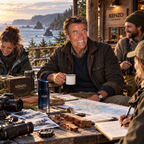 Kenzo Homme Eau de Parfum bottle on a rustic wooden table with maps, cameras, photographs and notebooks, as a group gathers outside a coastal cabin overlooking a rocky shoreline in warm evening ligh