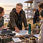 Kenzo Homme Eau de Toilette bottle on a wooden table covered with maps, notebooks and binoculars, as a group discusses plans outside a timber coastal building overlooking a rocky shoreline.