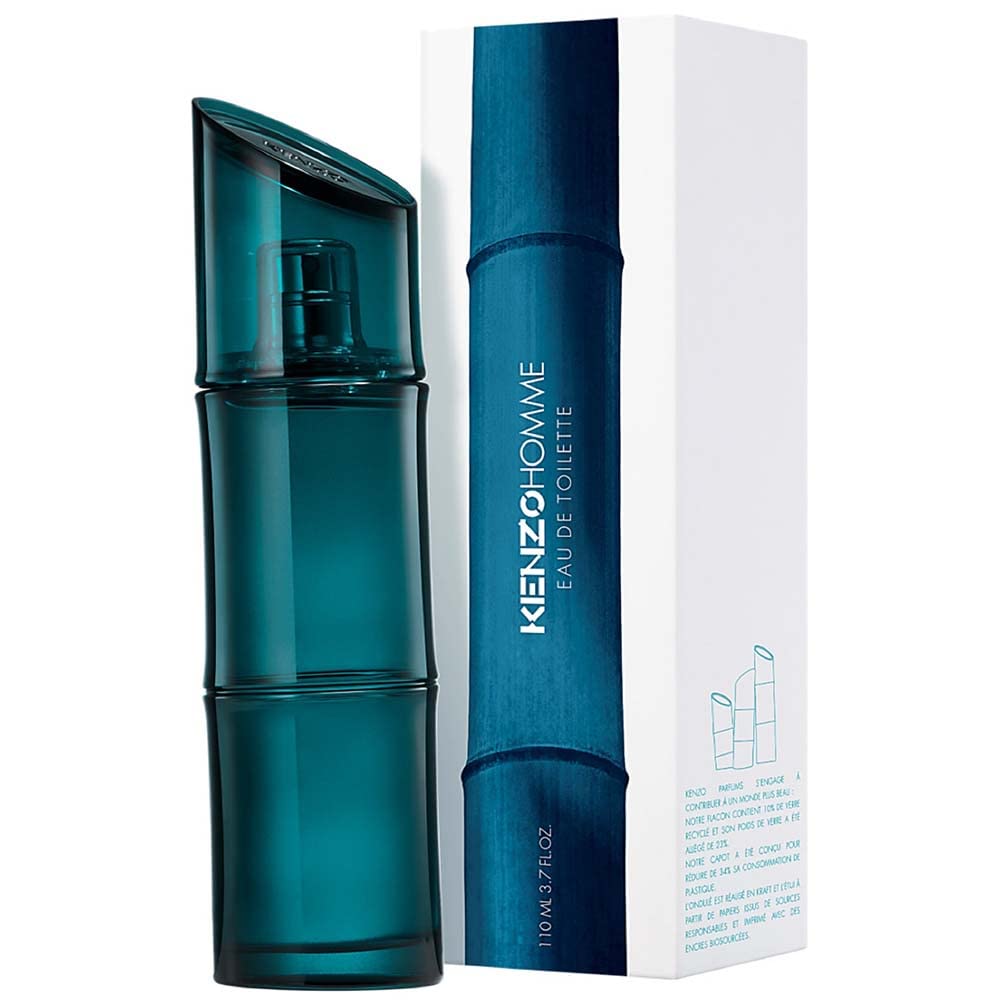 Kenzo Homme 110ml Eau de Toilette bottle beside its white presentation box with a deep teal bamboo design and matching branding, against a white background.