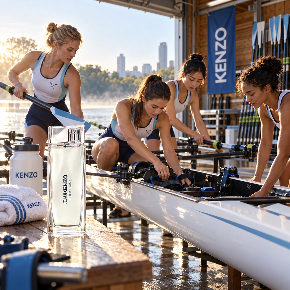 A four-woman rowing crew prepares for an early morning race beside the water, checking equipment and coordinating final boat preparations with focused energy, teamwork and a fresh athletic spirit in a clean contemporary riverside setting.
