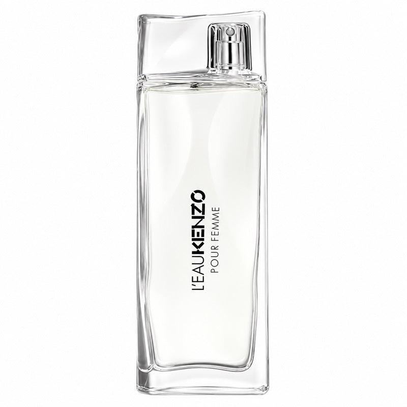 Kenzo L’Eau Kenzo Pour Femme 100ml Eau de Toilette tall clear sculpted glass bottle with pale aqua fragrance and blue Kenzo branding on a clean white background