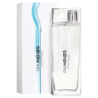 Kenzo L’Eau Kenzo Pour Femme 100ml Eau de Toilette bottle beside its white presentation box with blue aquatic wave artwork and clear Kenzo branding on a clean white background