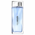 Kenzo L’Eau Kenzo Pour Homme 100ml Eau de Toilette tall clear glass bottle with pale blue fragrance, water-inspired sculptural form and clean blue Kenzo branding on a white background