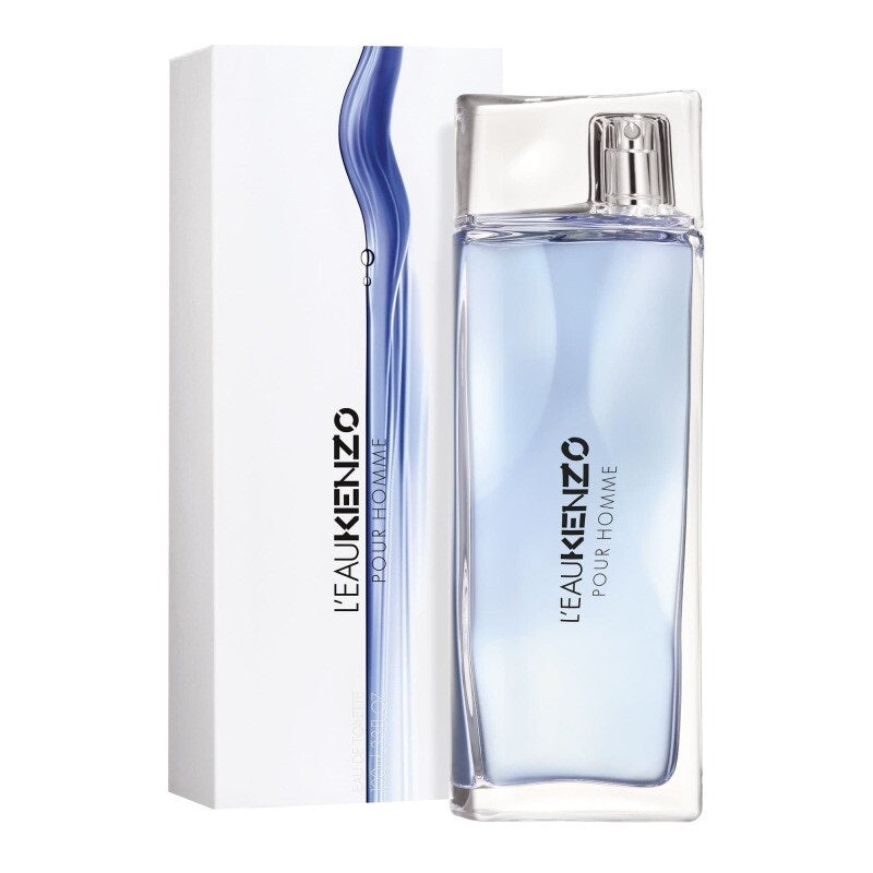 Kenzo L’Eau Kenzo Pour Homme 100ml Eau de Toilette bottle beside its matching presentation box with blue aquatic artwork and clear Kenzo branding on a clean white background