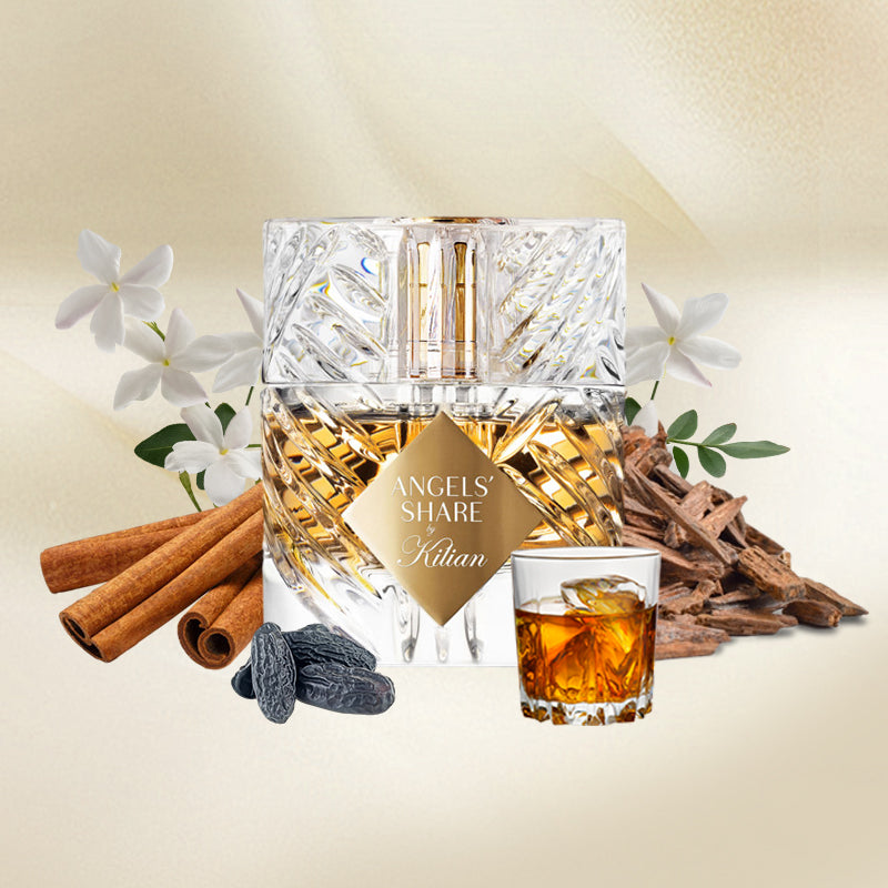 Angels' Share Eau de Parfum by Kilian styled with aged cognac, oak barrels and warm amber tones reflecting luxury, craftsmanship and indulgent sophistication.