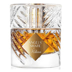 A glass bottle of 'Angels Share' Eau de Parfum by Kilian, with a gold label and a visible golden-toned perfume inside.
