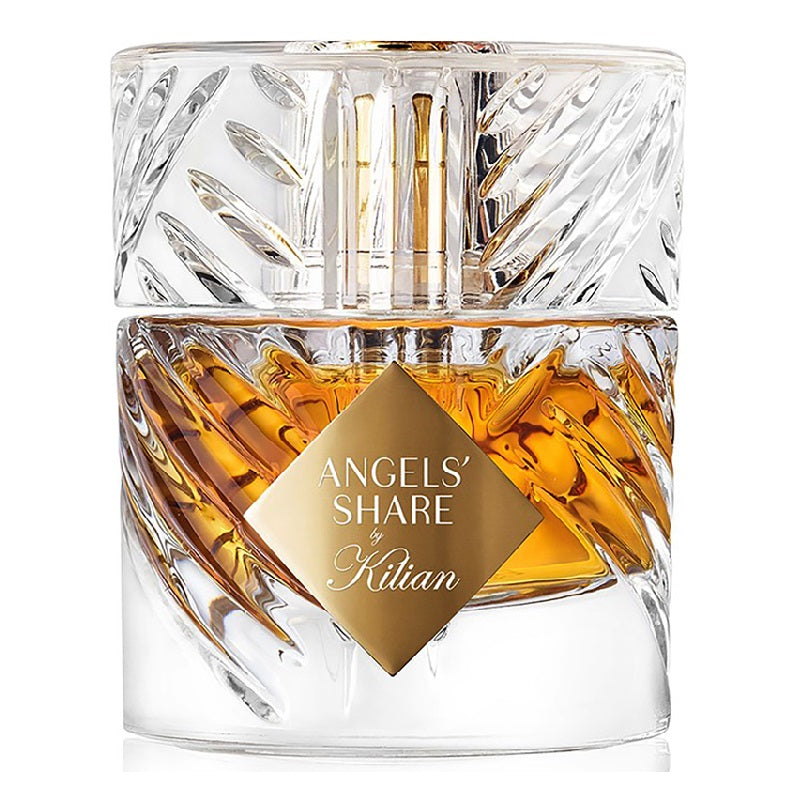A glass bottle of 'Angels Share' Eau de Parfum by Kilian, with a gold label and a visible golden-toned perfume inside.