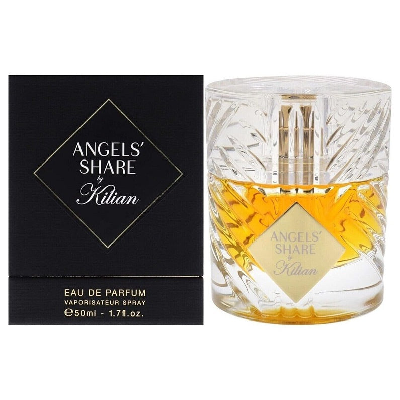 A perfume bottle labeled 'ANGEL'S SHARE Kilian' alongside its black box packaging. The bottle is clear with a golden liquid inside, and the box has the product name and brand.
