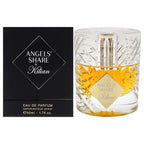 A perfume bottle labeled 'ANGEL'S SHARE Kilian' alongside its black box packaging. The bottle is clear with a golden liquid inside, and the box has the product name and brand.