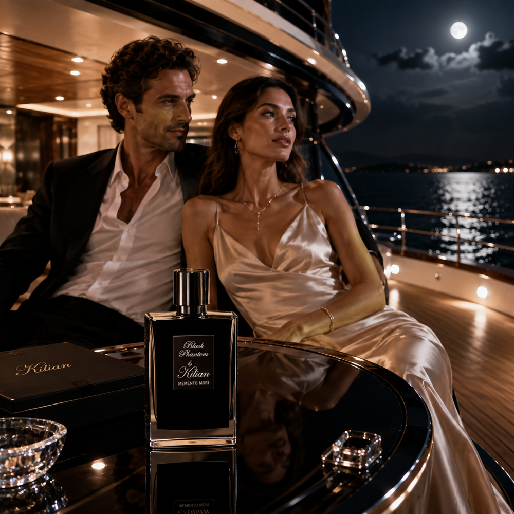 A man and a woman sit on a yacht at night, with a bottle of Kilon Black Premium cologne on a reflective table in the foreground. The woman wears a satin slip dress, and the man wears a dark suit jacket over a white shirt.