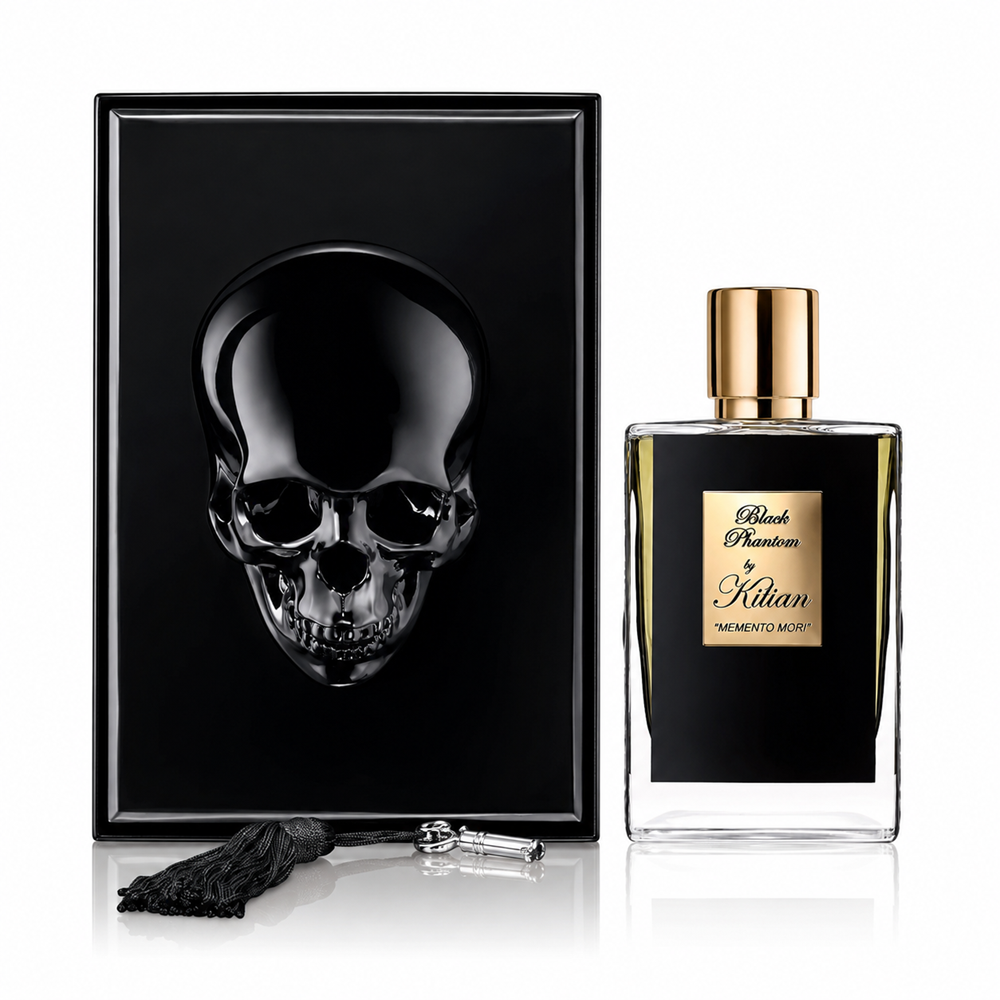 A perfume bottle and its matching presentation box on a white background. The box features a glossy black skull design, and the bottle has a black body with a gold cap and a gold label reading 'Black Phantom by Khan'.