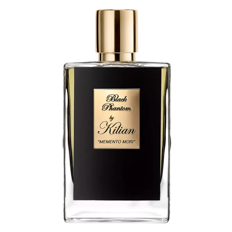 A rectangular glass perfume bottle with a black label and a shiny gold cap, featuring a gold label that reads 'Black Phantom by Kilian' and 'MEMENTO MORI'.