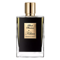 A rectangular glass perfume bottle with a black label and a shiny gold cap, featuring a gold label that reads 'Black Phantom by Kilian' and 'MEMENTO MORI'.