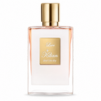 A rectangular glass perfume bottle with a gold cap and a gold front label reading 'Love by Kilian don't be shy' on a white background.