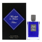 A product image featuring the packaging and bottle of Moonlight in Heaven Eau de Parfum by Kilian. The packaging is predominantly black with a blue diamond shape design containing white text that reads 'Moonlight in Heaven Kilian'.
