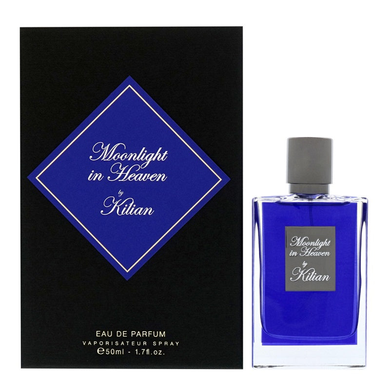 A product image featuring the packaging and bottle of Moonlight in Heaven Eau de Parfum by Kilian. The packaging is predominantly black with a blue diamond shape design containing white text that reads 'Moonlight in Heaven Kilian'.
