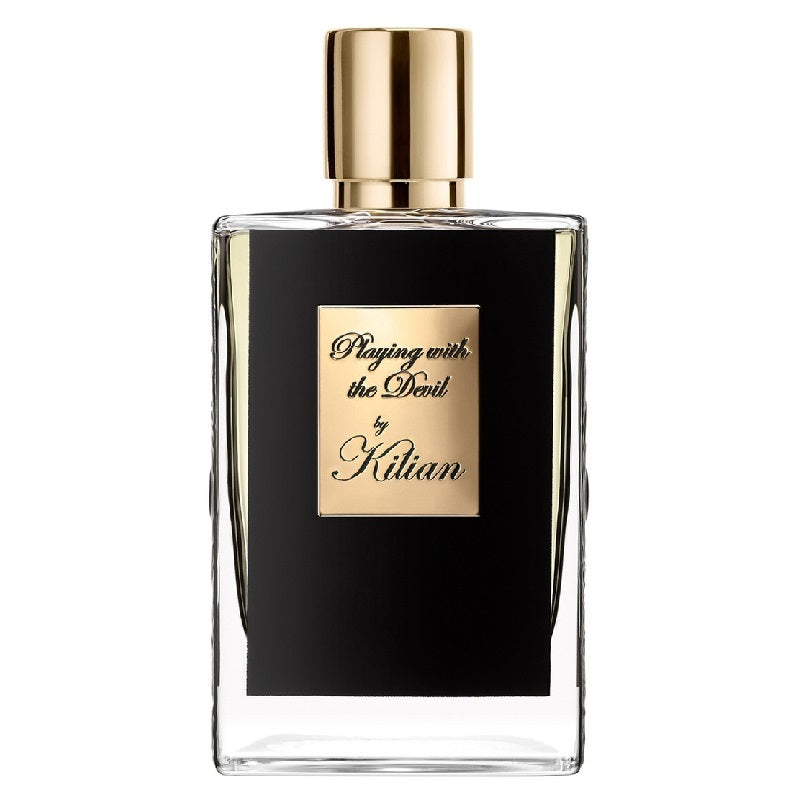 Perfume bottle with gold cap and label on a white background