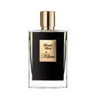 A black bottle of 'Sacred Wood' Eau de Parfum by Kilian with a gold cap.