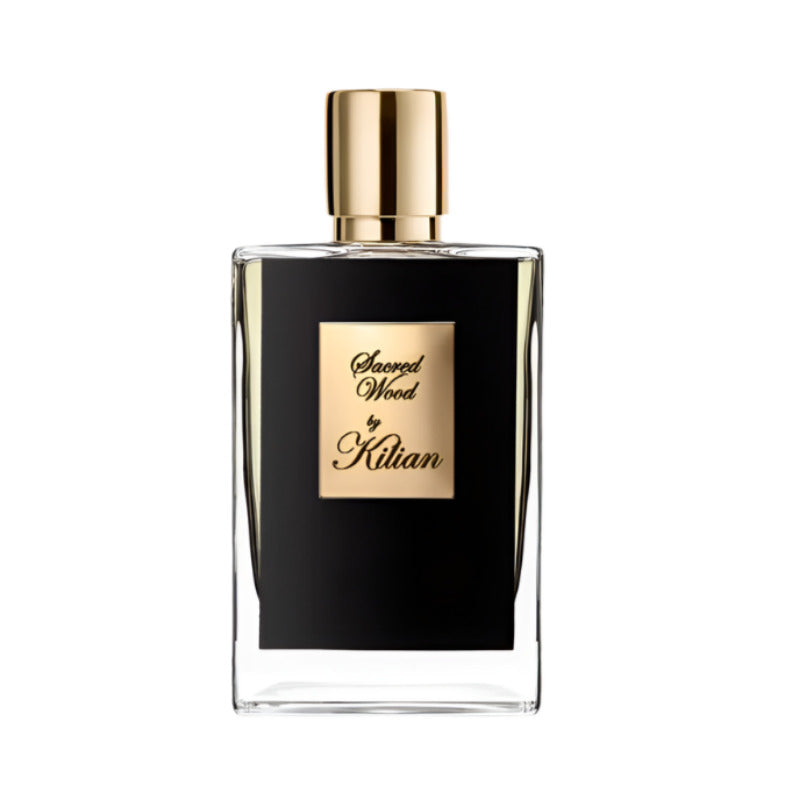 A black bottle of 'Sacred Wood' Eau de Parfum by Kilian with a gold cap.