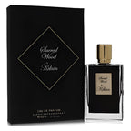 A black bottle of 'Sacred Wood' Eau De Parfum by Kilian, with a gold cap, displayed in front of its packaging box.