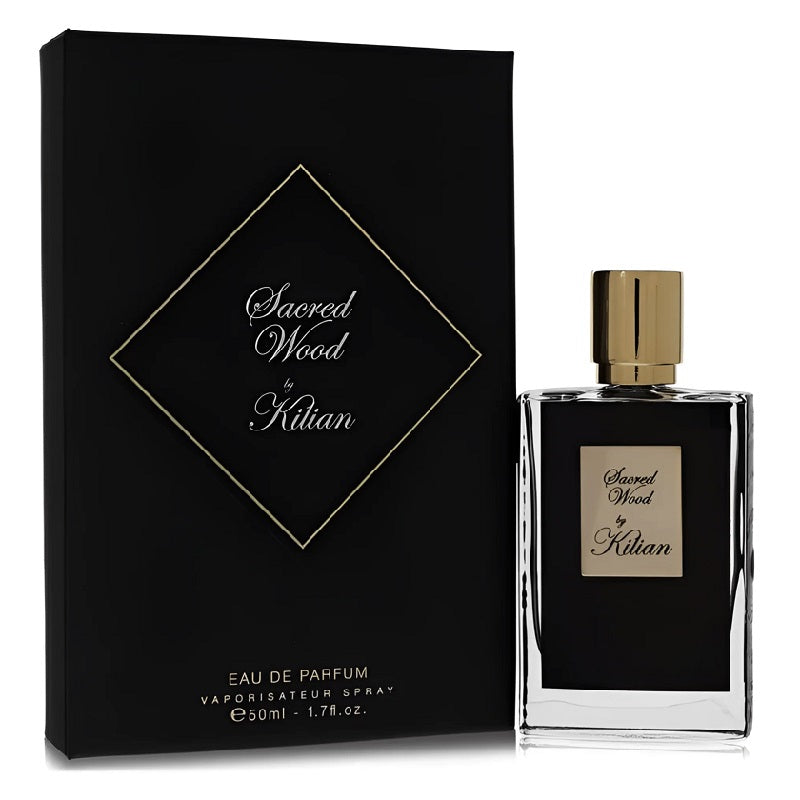 A black bottle of 'Sacred Wood' Eau De Parfum by Kilian, with a gold cap, displayed in front of its packaging box.