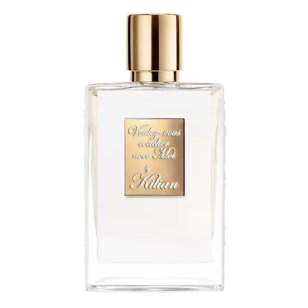 Kilian Voulez-Vous Coucher Avec Moi 50ml Eau de Parfum bottle showcasing the luxurious black lacquered design with gold detailing.