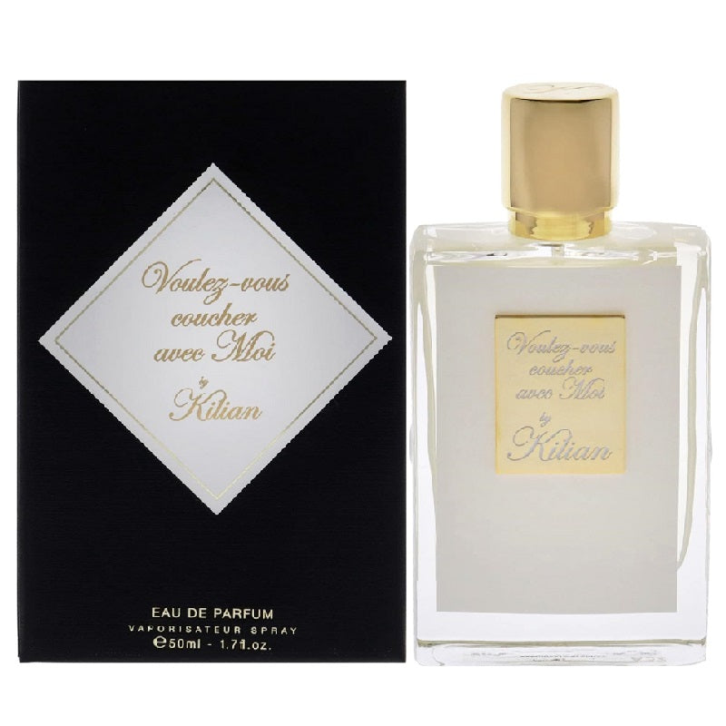 A sleek black bottle with a gold cap labeled 'Voulez-Vous Coucher Avec Moi' by Kilian, alongside a product box with the same design.