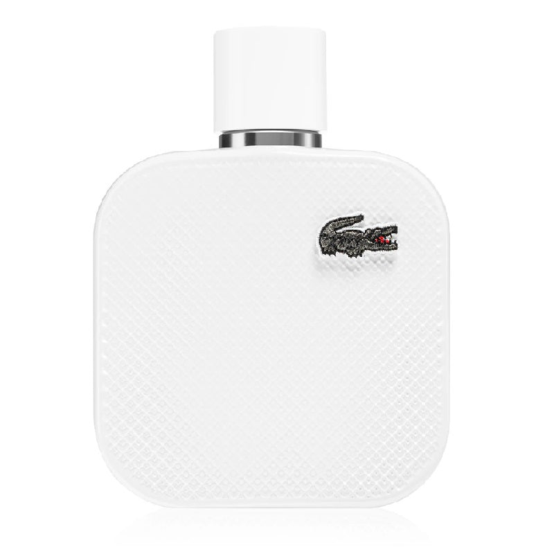 White Lacoste perfume bottle on a white background