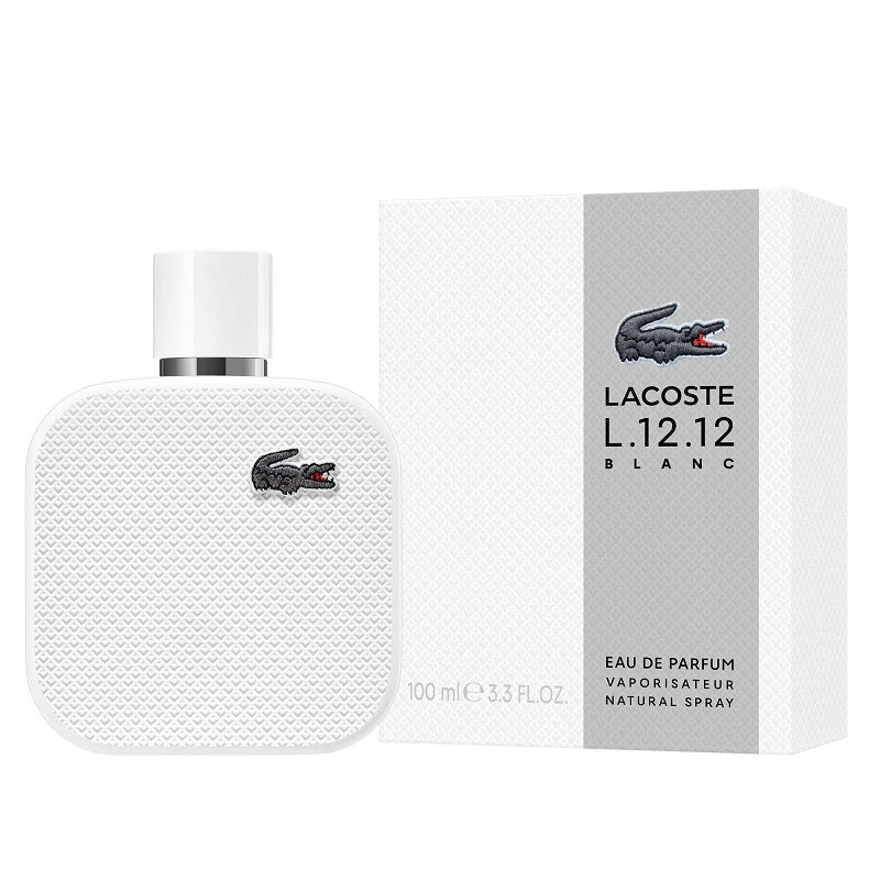 Lacoste L.12.12 Blanc Eau de Parfum bottle and packaging on a white background