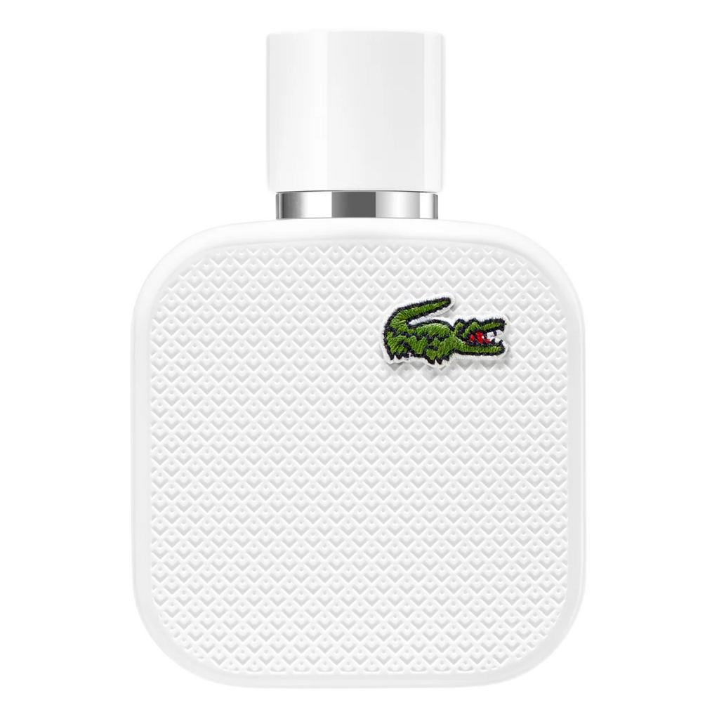 A white bottle of Lacoste L.12.12 Blanc eau de toilette with a green crocodile logo on the front.